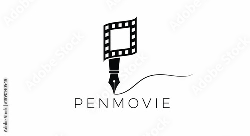 Clapperboard pen nib logo icon with film strip window and creative writing branding for movie production design