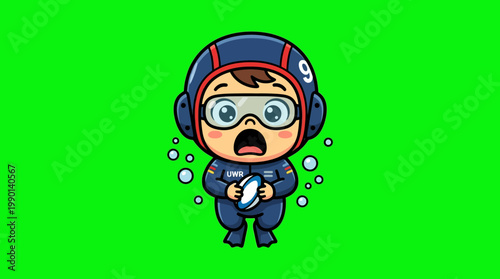 Cartoon Boy in a Diving Suit with Goggles and Helmet.