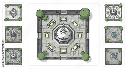 Top-down view of a serene plaza with a central pagoda, surrounded by trees and seating areas.