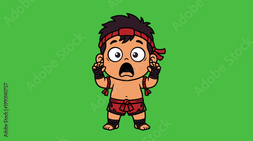 Cartoon Boy in Muay Thai Outfit with Shocked Expression.