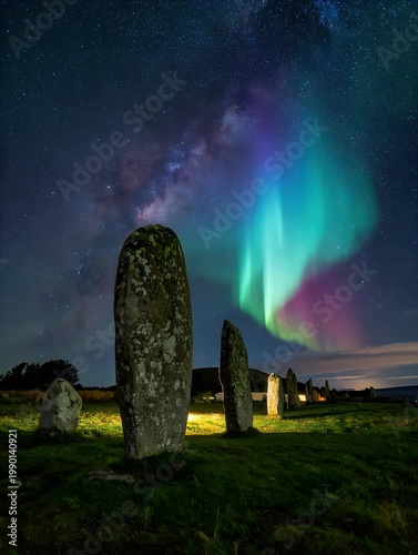 Ancient Standing Stones Under the Northern Lights and Milky Way.
