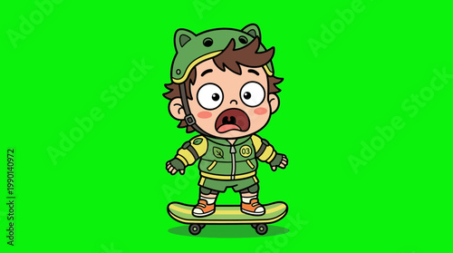 Cartoon Boy on Skateboard with Shocked Expression and Helmet.