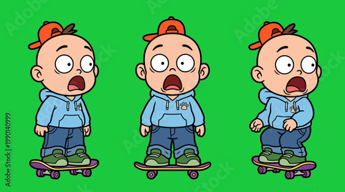 Cartoon Boy on Skateboard with Surprised Expression and Red Cap.