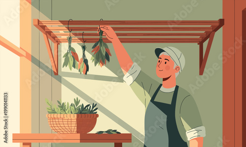 A person hanging bundles of fresh herbs on a wooden rack for air drying