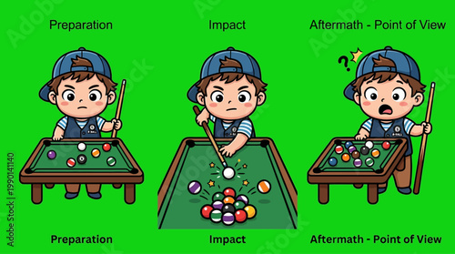 Cartoon Boy Playing Billiards - Preparation, Impact, and Aftermath.