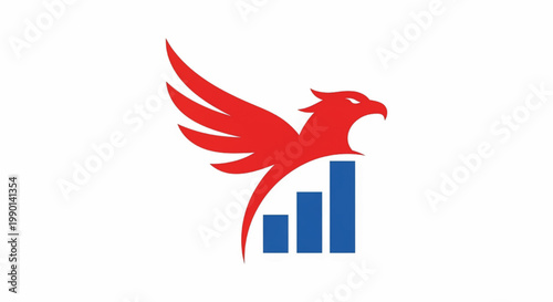 Phoenix bird logo with red wings and blue bar chart arrows symbolizing growth and prosperity featuring business analytics, market trend, upward arrow