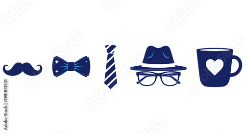 Blue icons showcasing mustache bow tie tie hat glasses and coffee mug