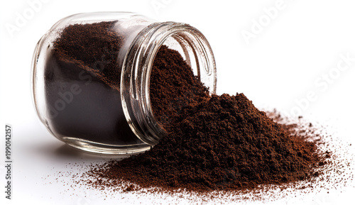 coffee beans with ground powder explosion isolated on white background, dynamic studio shot, clipping path, transparent PNG download, perfect for marketing, product photography, and retail trade