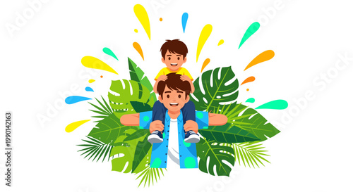 Two boys playing with water guns surrounded by tropical leaves