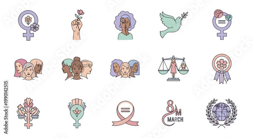 International Women's Day Icons: Feminism, Equality, Peace, Diversity, Justice, Empowerment