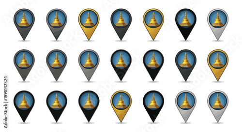 Golden Pagoda Map Pin Icons Set - Location Marker Collection