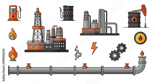 Oil and Gas Industry Collection: Refinery, Pump Jack, Pipeline, Fuel Station, Barrels, Flame