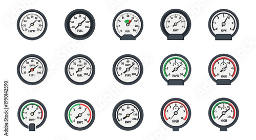 Collection of Industrial Pressure Gauges, Manometers, and Dials - Vector Icons