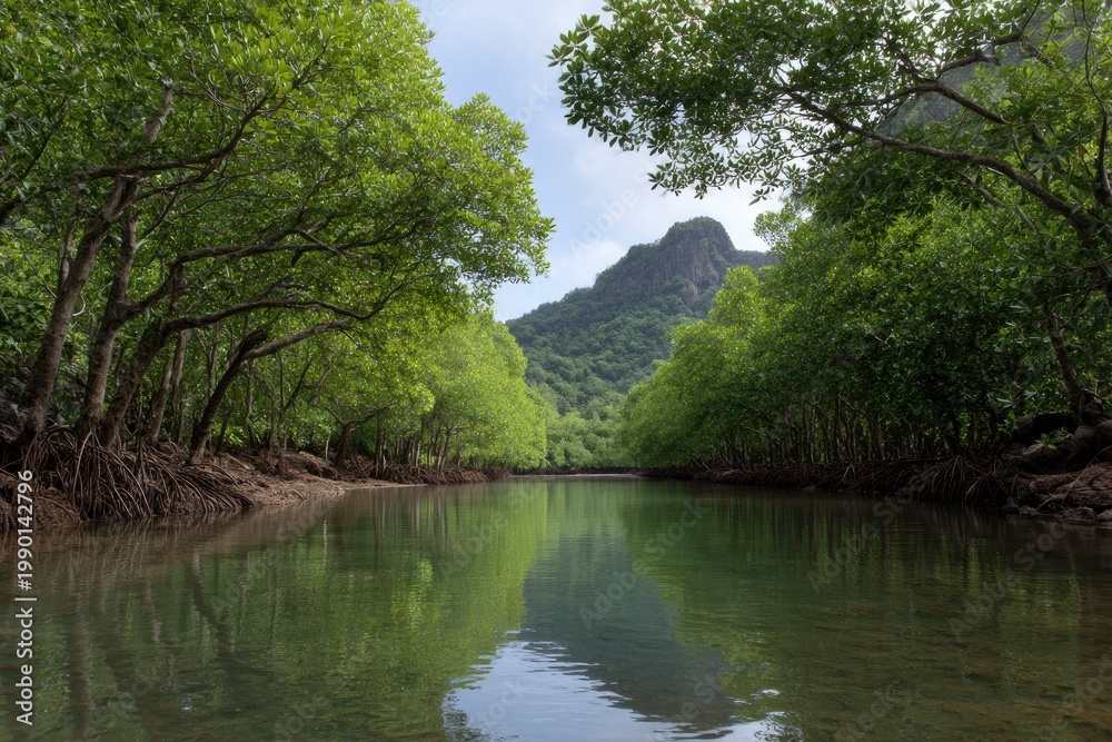 Obraz premium Serene river landscape with mountain background.
