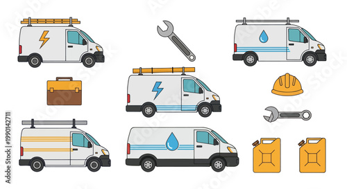 Service Vans and Tools Icons: Plumbing, Electrician, Mechanic, Repair