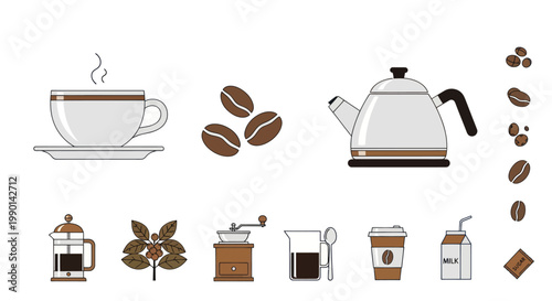 Coffee Making Elements: Cup, Beans, Kettle, Grinder, French Press, Packaging