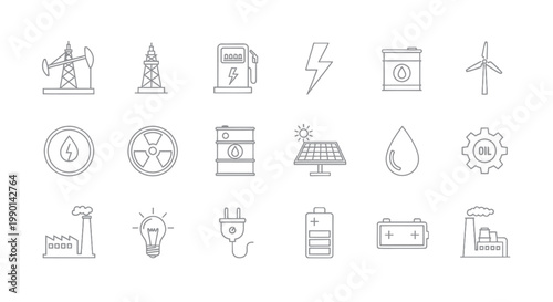 Energy Icons Set: Oil, Wind, Solar, Nuclear, Electricity, Battery, Factory, Lightbulb
