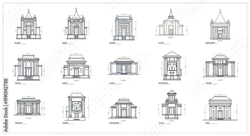 Collection of Architectural Blueprints and Design Sketches of Traditional Buildings