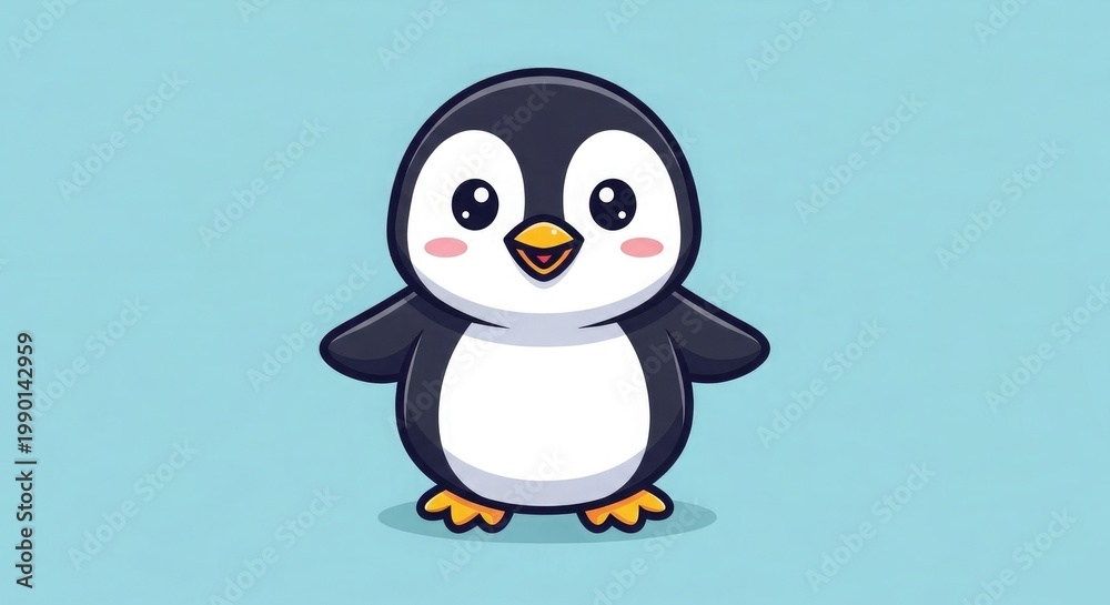 Obraz premium A cute cartoon penguin standing on a light blue background with a happy expression