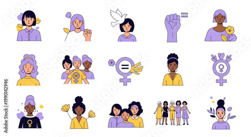 Diverse women and feminist symbols illustration set