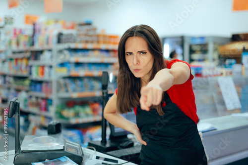 Εκτύπωση καμβά Angry Supermarket Cashier Pointing her Finger to the Door