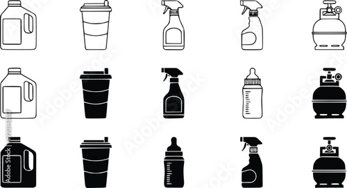 Black and White Line Icon Set of Plastic Bottles, Spray Bottles, and Gas Cylinders