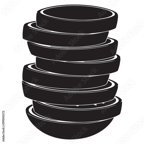 Stack of sliced black tires in silhouette with black and whi