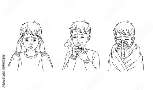 Boy with cold symptoms line art set headache cough sore throat and runny nose outline vector illustration