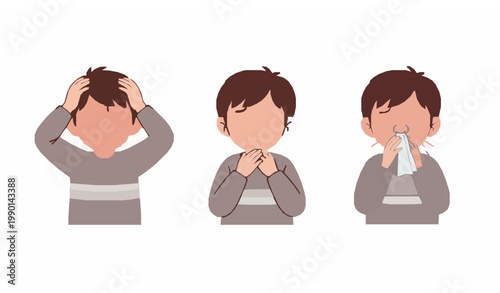 Little boy cold symptoms set headache sore throat and sneezing cartoon vector illustration for kids health concept