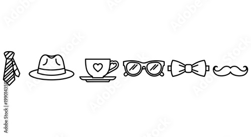 Minimalist icons of tie hat cup glasses bowtie and mustache in line art style