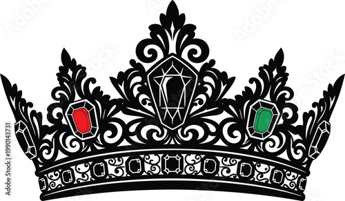Black crown with red and green jewels on white background