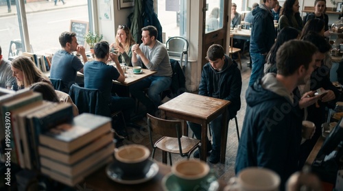 introverted young man sitting alone at small table in crowded busy coffee shop 088
