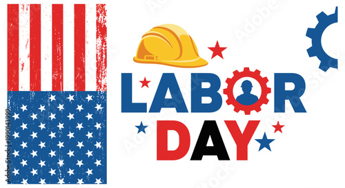 Labor day concept with flag helmet gears stars on white background