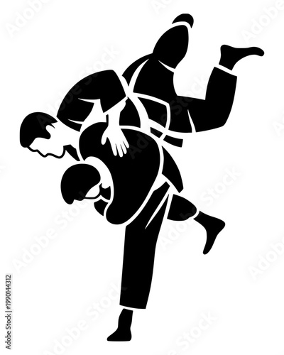 Silhouette of two athletes performing a judo throw. Dynamic martial arts action, grappling, jujitsu, competitive sport, fitness, strength, and technique concept.