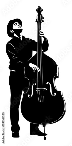 Silhouette of a man playing an upright bass. Jazz musician performing on stage. Artistic vector illustration of a double bass player, perfect for music events, clubs, and concerts.