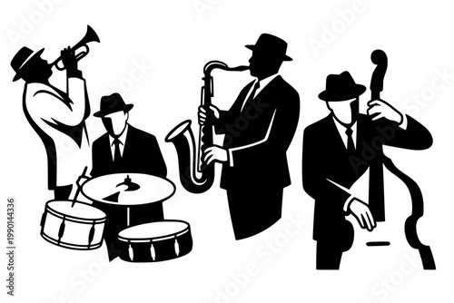 Silhouette of a jazz band performing. Musicians including a trumpeter, drummer, saxophonist, and bassist playing instruments. Elegant style, vintage concert atmosphere, vector music concept.