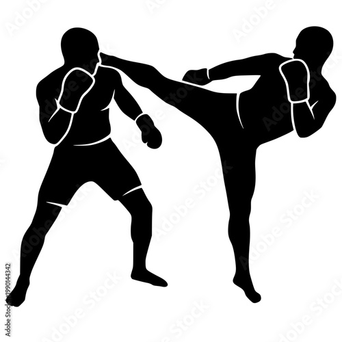 Silhouette of two kickboxers in a fight. One martial artist executes a high kick against an opponent. Dynamic combat sports illustration, MMA, Muay Thai action, energy, competition, training.