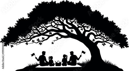 A silhouette of a family gathering under a majestic tree representing connection and nature's embrace