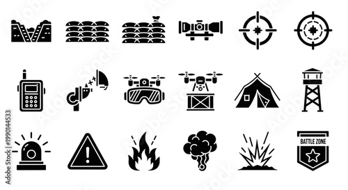 Set of black and white military icons depicting war elements, including sandbags, a scope, crosshairs, a radio, a drone, a tent, a tower, a siren, a warning sign, fire, an