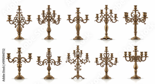 Collection of Antique Candelabras: Ornate Brass Candle Holders on White Background