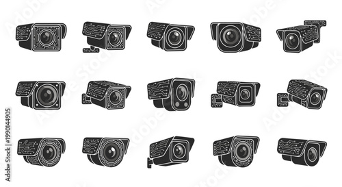 Security Camera Icons Set: Surveillance, CCTV, Monitoring Systems Collection