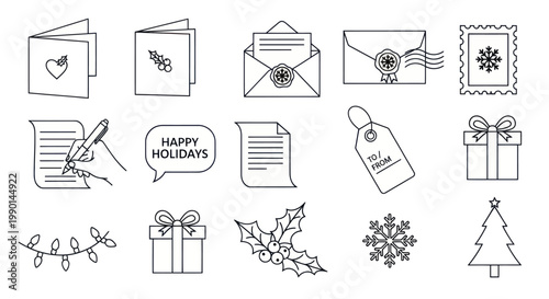 Christmas Holiday Icons: Outline Graphics for Cards, Gifts, Mail & Decorations