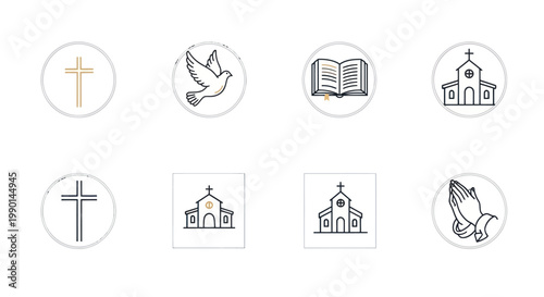 Christianity Icons Set: Cross, Dove, Bible, Church, Praying Hands