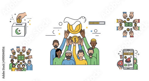 Diverse people celebrating financial success, investment, and donation