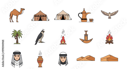 Desert Life Icons: Camel, Tents, Falcon, Coffee, Palm Tree, Dunes, Bedouin