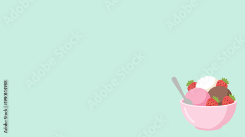 Delicious Ice Cream Sundae with Strawberries and Chocolate in a Pink Bowl.