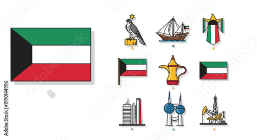 Kuwait National Symbols: Flag, Dhow, Falcon, Coffee Pot, Skyline, Oil Rig