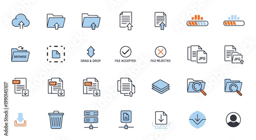 Digital Document Management Icons: Cloud Upload, Folders, Files, Download, Search, Trash, Server, User