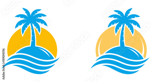 Tropical palm tree silhouette on wavy ocean with sunset background