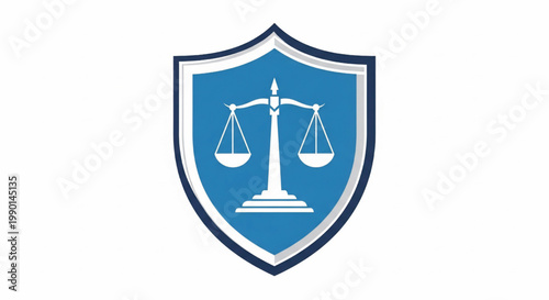 Shield justice scales emblem with blue background and white balanced balance scales icon featuring law, legal, legal system with judiciary and court